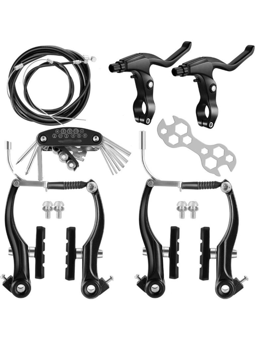 Universal V-Type Bike Brake Set - Front & Rear MTB Brakes, Cables & Tools